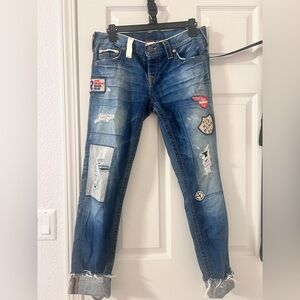 Distressed Blue Jeans with Patches